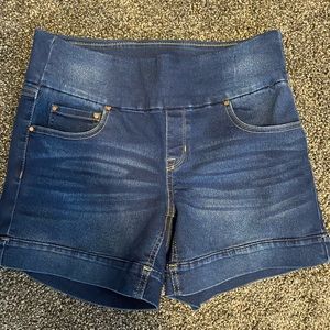 Medium/dark jean shorts. Worn once! Super comfortable waste and with no zippers